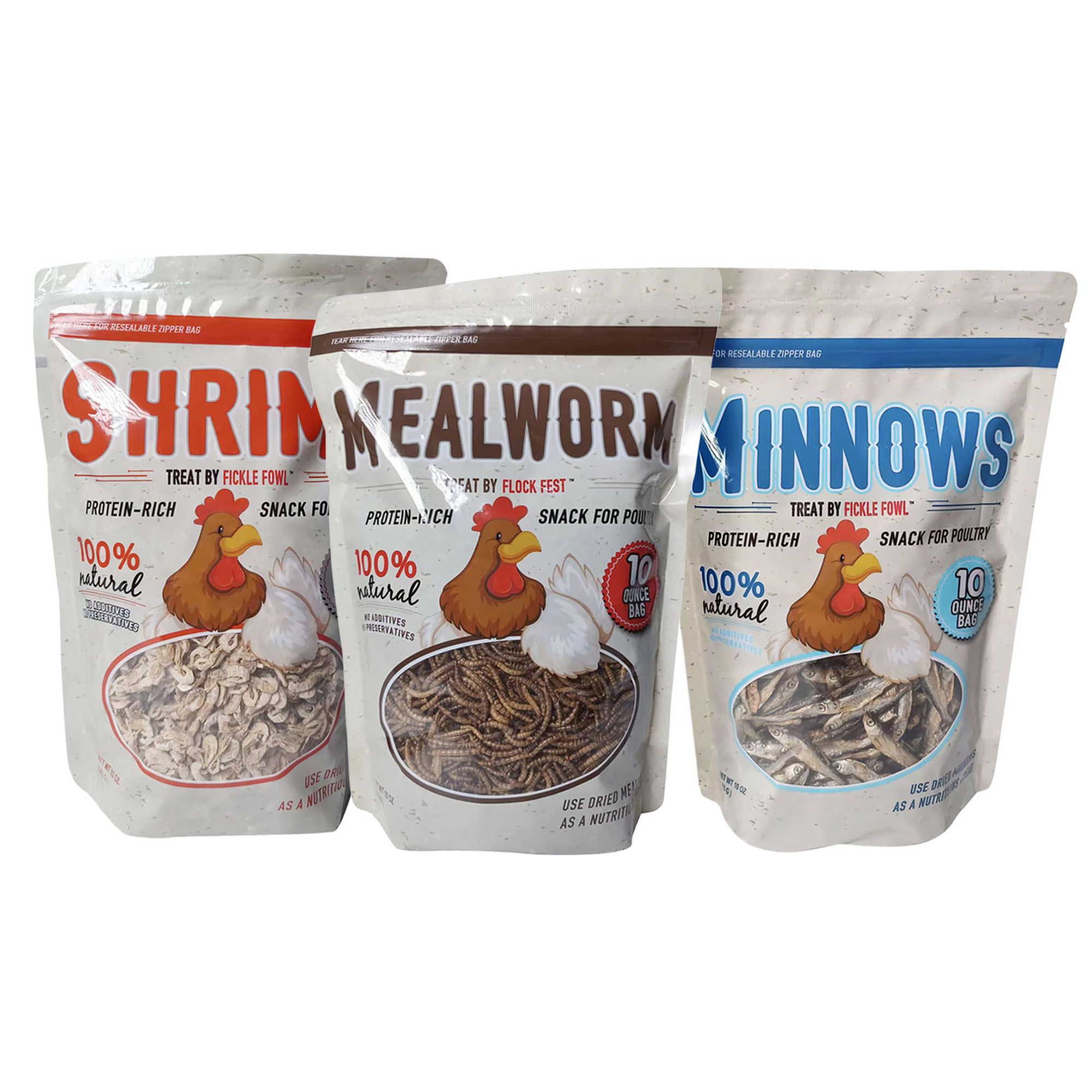 Fickle Fowl Premium Dried Mealworms, Shrimp, and Minnows - (3) 10 oz Bags